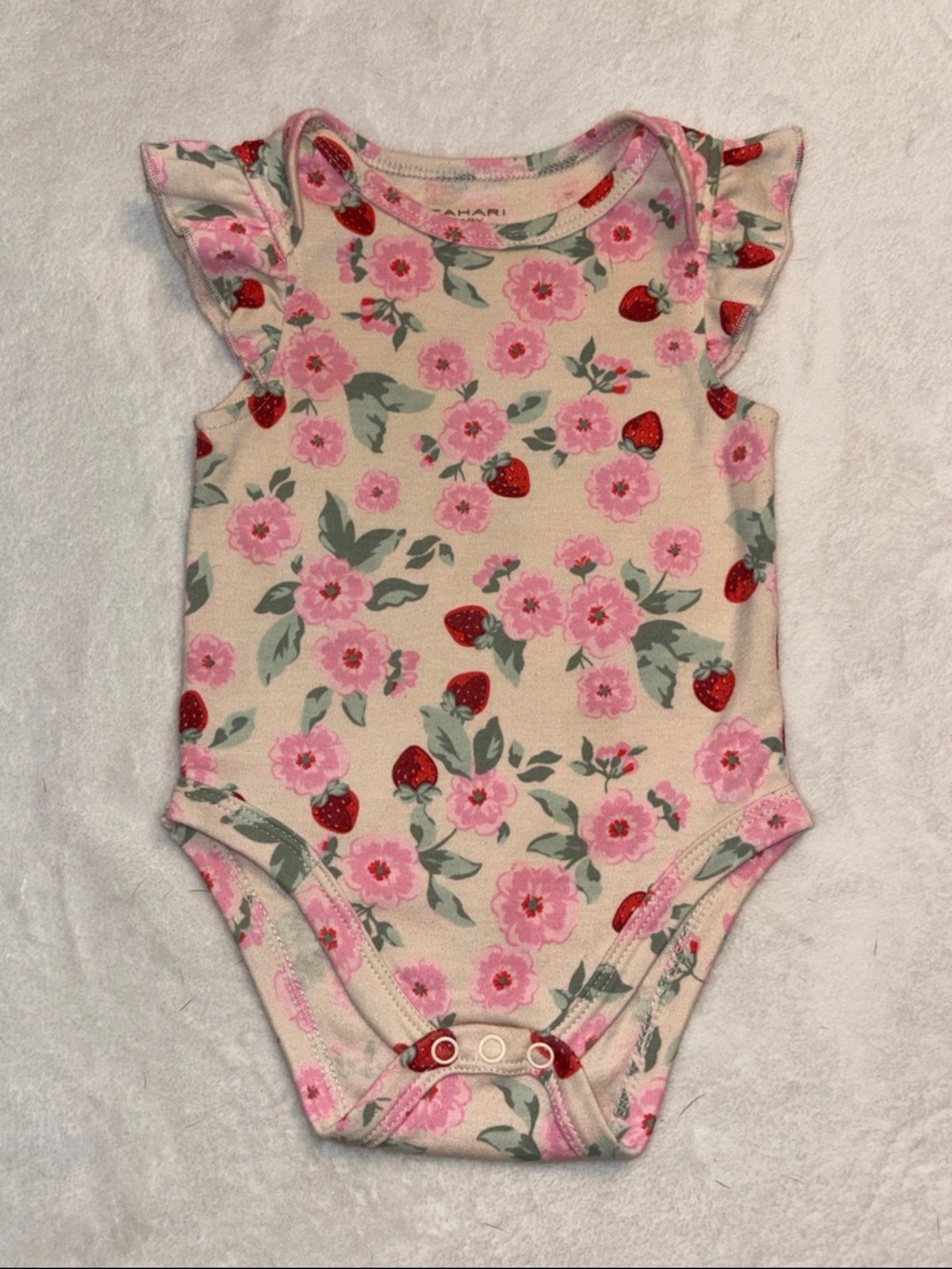 (3 for $10) tahari Cream Bodysuit with Pink Floral and Red Strawberry Details